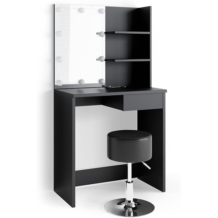 Vicco Vanity Table Decor, Black, 75 cm with LED Lighting and Stool