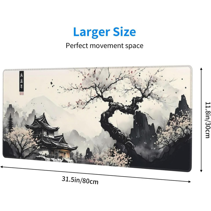 Килимок для миші для геймінгу, чорний, з принтом Канагава, великий, 80 x 30 см, нековзна гумова основа, водонепроникний, з прошитими краями, для геймінгу, офісу, дому