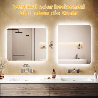 Дзеркало для ванної кімнати з підсвічуванням 60x50 см, LED, 6400K, біле світло, вертикальне/горизонтальне кріплення