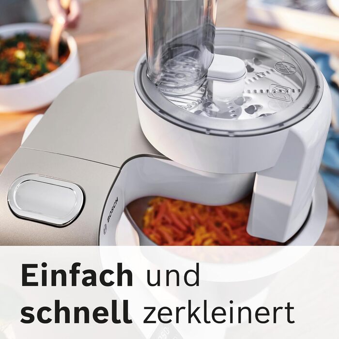 Bosch Kitchen Machine Series 4 MUM5XW20, stainless steel bowl 3.9 L, integrated scale, mixer 1.25 L, professional dough hook, snow sweeper, silicone beater, continuous slicer, 4 discs, 1000 W, white/silver white, 2 accessories, integrated scale