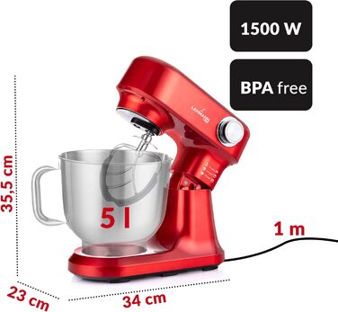 Кухонна машина LEHMANN 1500W з набором аксесуарів, планетарний міксер з чашею 5л, 12 швидкостей, захист від перегріву, червоний