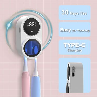 Biodzzs Wall-Mounted Toothbrush Holder and Cleaner, Intelligent Light Cleaning and Fan Drying, Automatic Rotating Cover, Toothbrush Case with Digital Display, Portable, Blue (01 White)