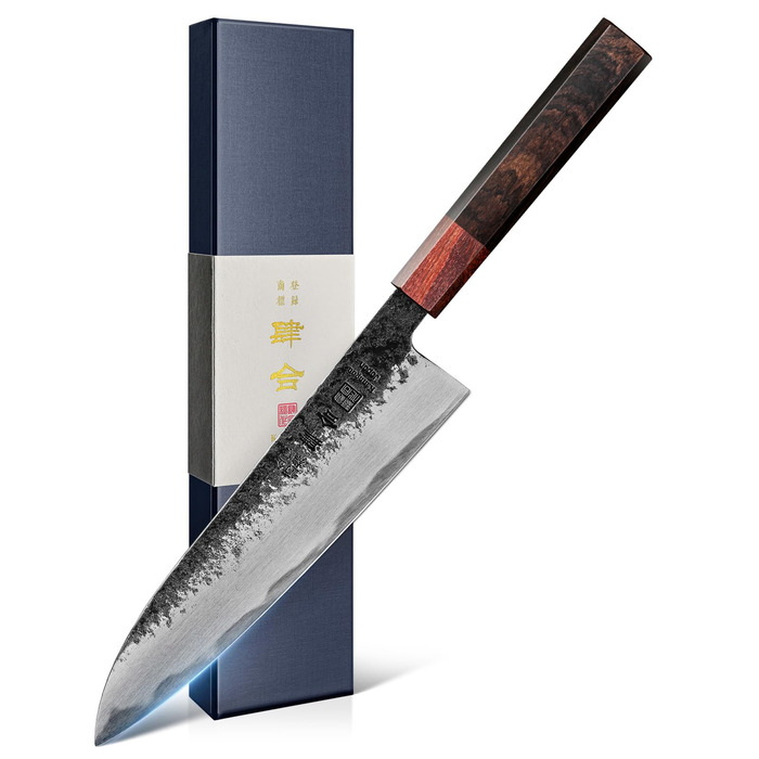 Японський ніж Gyuto Kanngou 21 см, AUS-8 сталь, дерев'яна рукоятка (дуб/чорне дерево), подарункова коробка