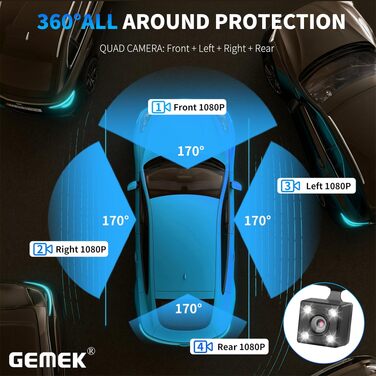 Автомобільний відеореєстратор GEMEK 4K/2K 360° огляду, 4-канальна Dashcam (передня, задня, ліва та права камери), 5G Wi-Fi, керування через додаток, G-сенсор, нічна зйомка, 3.16
