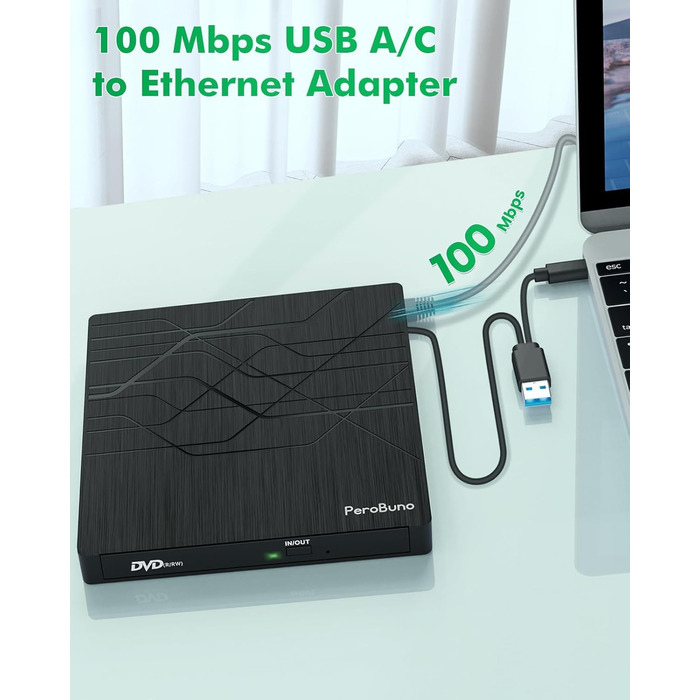 Зовнішній DVD-привід PeroBuno USB 3.0 Type-C, CD/DVD ROM +/-RW, ультратонкий оптичний накопичувач та записник для ноутбука, ПК, MacBook (Windows, Linux, macOS)