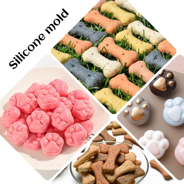 2 Pack Mini Silicone Molds, Cookie Molds for Dog Bones, 69 Cavities, Silicone Mold for Baking Cookies, Biscuits, Candy, Chocolate, Jellies, Dog Treats (Mini Dog Bones + Dog Paw)