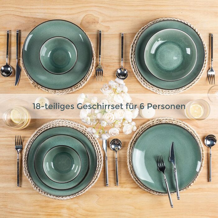 Набір посуду GBhome з каменю, 18 предметів, ручна робота, для 6 осіб, мікрохвильова та посудомийна машини, набір тарілок та мисок, Petrol