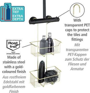 WENKO Thermostat Shower Caddy Model Milo, 2 Tiers, Shower Shelf for Hanging on the Faucet, Stainless Steel (Rustproof) Shelf, 25 x 55 x 14 cm, Gold