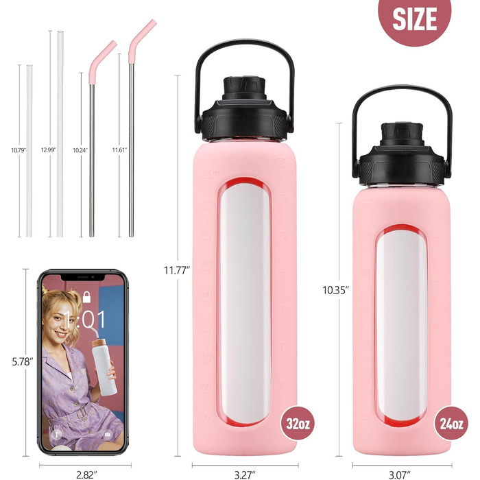 BLUEGO Glass Water Bottle - Sport Water Bottle with 2 Lids and Straw Leak-Proof Glass Bottle with Time Marker and Measuring Scale BPA Free, (Pink, 700ml)