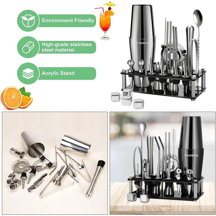 Cocktail Shaker Set, Boston Cocktail Shaker with Stand, 25pcs Bar Accessories Cocktail Mixer Supplies, 750ml Stainless Steel Cocktail Shaker Gifts, Cocktail Decor Bar Counter Pourer Spirits