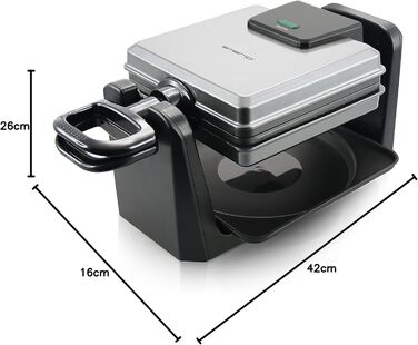 Вафельниця Emerio для приготування 4 бельгійських вафель одночасно з професійним обертанням, антипригарне покриття, регулятор температури, 1000 Вт, срібна, WM-110984.4. Без BPA