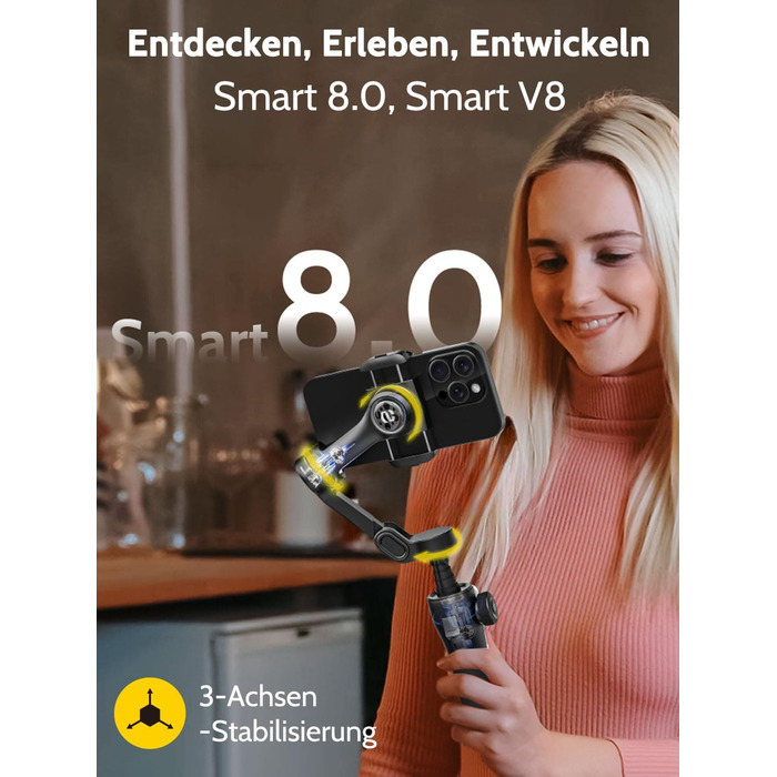 Стабілізатор для телефону Smart V8 Black з 3-осьовою стабілізацією та 7.8-дюймовою штангою, AI-трекінг, OLED-дисплей, кнопка зйомки
