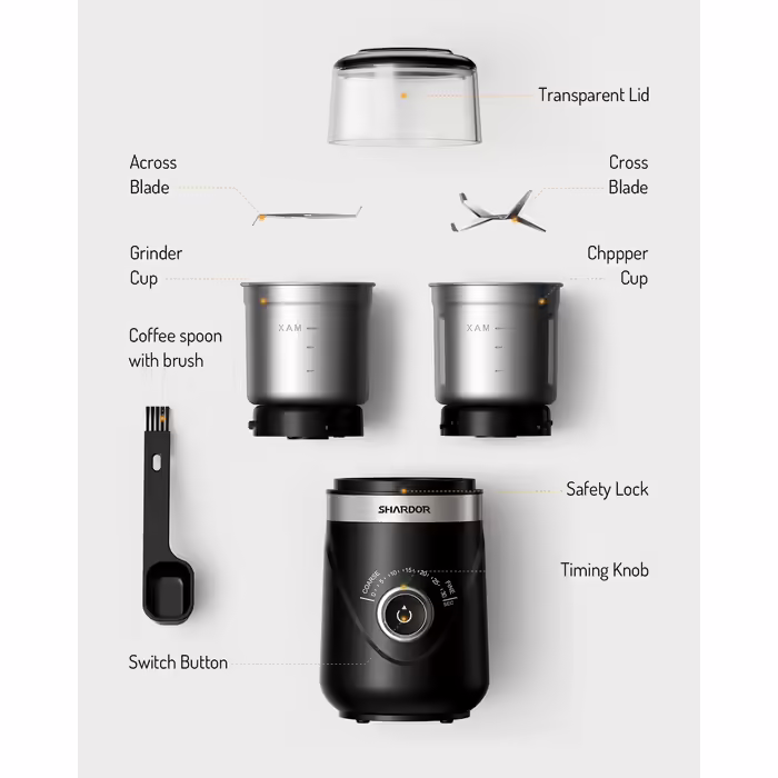SHARDOR Coffee Grinder with 2 Stainless Steel Cups, Spice Grinder, Automatic Timer, Quiet Grinding, Can be Used for Grinding Coffee Beans, Spices, Grains, Sugar, Nuts, 2 * 80g