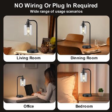 Акумуляторна настільна лампа бездротова з пультом, сенсорне регулювання яскравості, скляний плафон, нічник для спальні та вітальні, чорна