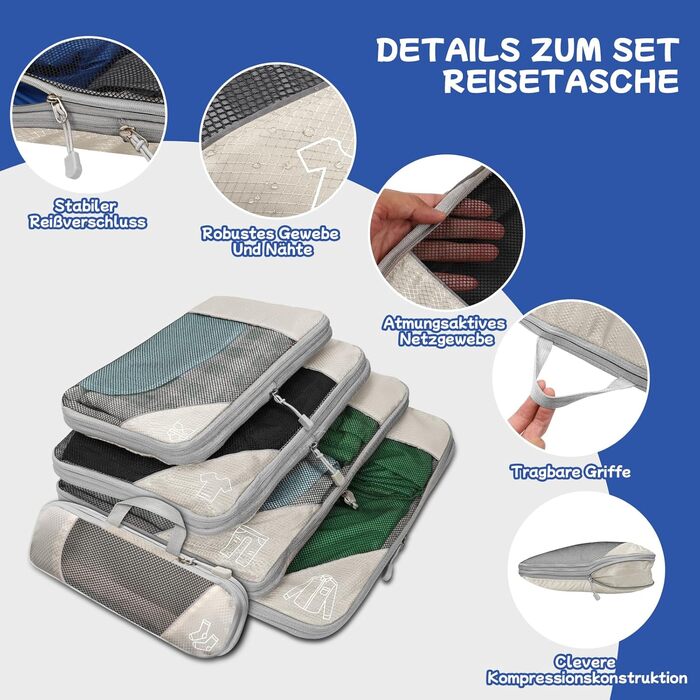 Набір органайзерів для валізи компресійних 5 шт. бежевого кольору для подорожей - Куби для пакування одягу, органайзер для рюкзака та валізи