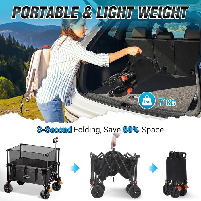 Візок-теліжка Elegear Bollerwagen 200л для пляжу, саду, кемпінгу з гальмами, 2 тримачі для напоїв, 2 бічні кишені, чорний