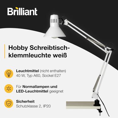 Настільна лампа на затискачі Brilliant Hobby, металева, патрон E27, до 40 Вт, біла
