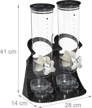 Relaxdays Double Cereal Dispenser, Cereal Dispenser for Muesli, Cornflakes, Sweets, Snack Dispenser Plastic, Black, 1 Piece