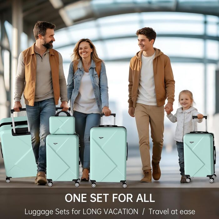 Набір валіз Ystyle Kofferset 5 шт: 12', 18', 20', 24', 28' + косметичка. ABS, 360° колеса, TSA-замок. Ідеально для подорожей Європою, круїзів та навчання за кордоном. Колір: м'ятний.