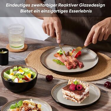 Набір посуду HaWare на 6 осіб, 18 предметів: тарілки, десертні тарілки, миски. З реактивною глазур’ю, стійкий до миття в посудомийній машині та використання в мікрохвильовій печі, бежевий колір.