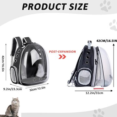 Розширюваний рюкзак для кота та маленької собаки, рюкзак-переноска з прозорим вікном та блискавкою, для подорожей та походів (розширюється ззаду), чорний колір