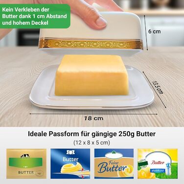 HAS Butterdose Ceramic, white for 250g butter, butter dish and butter bell with a very high-quality gold-rimmed design - butter box and butter crock, butter container for storage, dishwasher safe