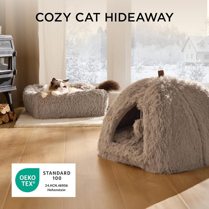 Кігтечка для котів BEDSURE велика, 44x44x44 см, з плюшевим будиночком, знімним килимком та іграшкою, для дому, (40x40x40 см, верблюжий)