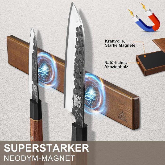 ENOKING Magnetic Knife Strip, Self-Adhesive, 40 cm, Acacia Wood Knife Magnet Strip, Magnetic Knife Holder with Extra Strong Magnet, Magnetic Knife Holder for Knives and Kitchen Utensils