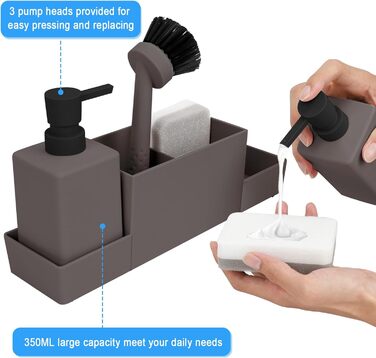 CAUTIOUS 350ML Sink Organizer with Brush, Soap Dispenser Sponge, Kitchen Dish Soap Dispenser Set Made of Plastic, Sink Organizer with Two Soap Dispensers, Kitchen Gadget Organizer (brown)