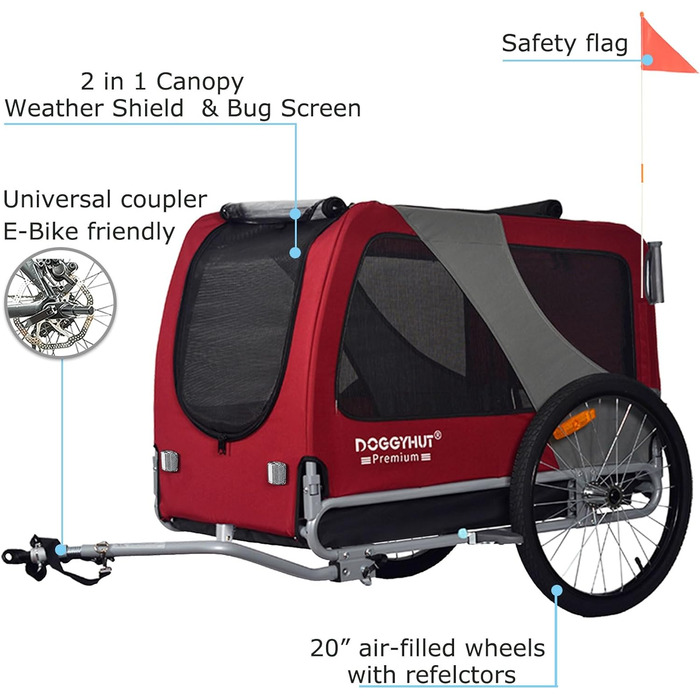 DOGGYHUT® Преміум XL 2-в-1 велопричіп та візок для собак, 23-45 кг, червоний