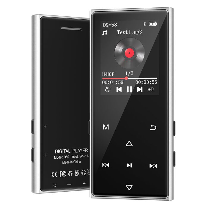 MP3 плеєр з Bluetooth 5.3 та карткою пам'яті 128ГБ, Hi-Fi плеєр з динаміком та навушниками, металевий корпус, акумулятор на 36 годин, для дітей, школи та подорожей