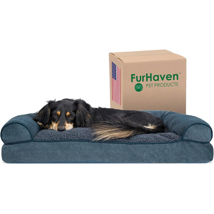 Ліжко для собак Furhaven з подушкою, XL, сірий діамант. Знімна подушка для шиї, зручне диван-ліжко, м'який плюш та тканинний декор. Легко миється.