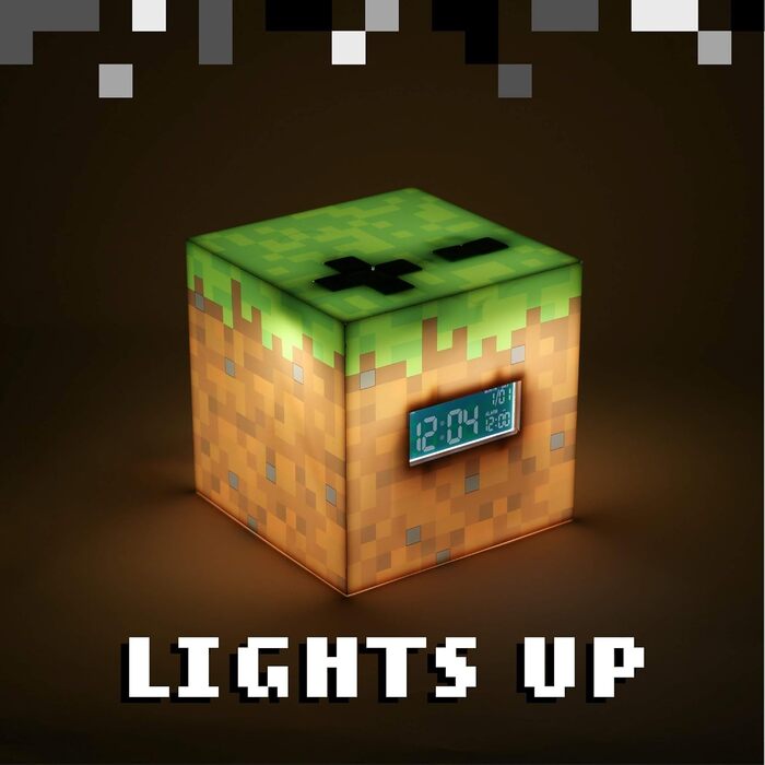 Будильник Minecraft Grasblock: офіційно ліцензований, з підсвіткою, відтворює музику з гри, декор для кімнати геймера Minecraft, 13 x 13 см, зелений