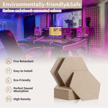 Акустичні панелі Rdutuok гексагон 30x26x1 см, шумопоглинаючі стінові панелі для студії, офісу та декору, 12 шт. (темно-верблюжий)