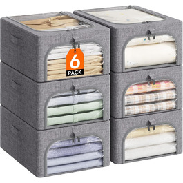 Lifewit 6-Piece Clothes Storage Containers with Metal Frame, Foldable Storage Box with Lid, 25L Stackable Storage Bags Fabric Containers Organizer with Clear Window, Sturdy Handles