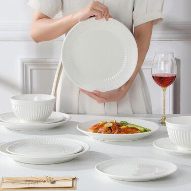 Набір посуду Malacasa Leila для 6 осіб, 24-елементний сервіз з порцеляни з ручним рельєфним дизайном, білий. Підходить для мікрохвильової печі та мийки посуду.