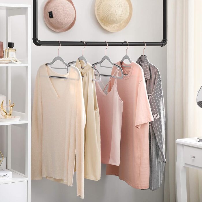 SONGMICS Clothes Hangers, 30-Piece Set, Plastic Hangers, Non-Slip, Space-Saving, 0.5 cm Thick, 42 cm Long, 360° Swivel Hook in Rose Gold, Light Gray-Dark Gray CRP020G01