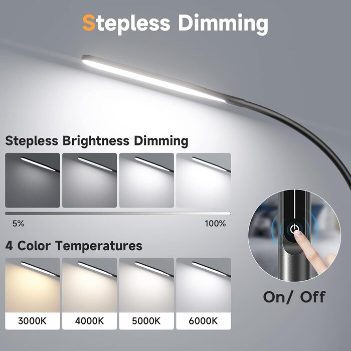 LED лампа для столу з кріпленням, регульоване затемнення, архітектурна лампа, лампа для офісу з регульованим кріпленням, пульт дистанційного керування, 4 колірні температури, чорний