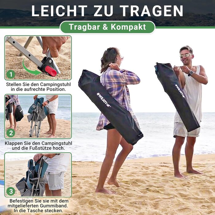 Кемпінговий стілець-шезлонг WEJOY 2-в-1: складаний стілець для пляжу та відпочинку з регульованою спинкою, підставкою для ніг, тримачем для напоїв, сірий/блакитний