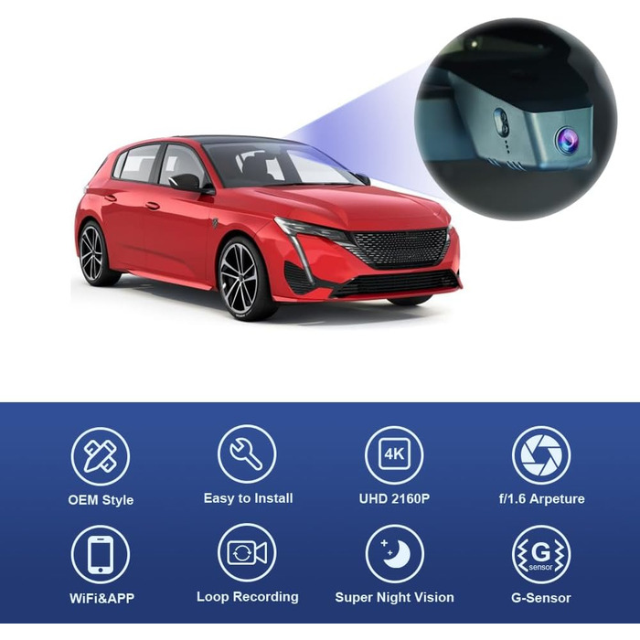Відеореєстратор Fitcamx 4K для Peugeot 308 (2021-2025) HD2-J6333. Автомобільний реєстратор UHD 2160P WiFi, з акумулятором, G-сенсором, Loop-запис, 64GB карта пам'яті