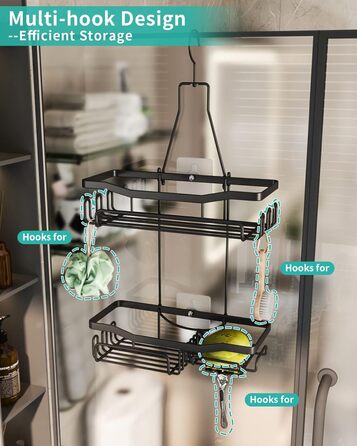 HapiRm Shower Shelf to Hang with Razor Holder & Soap Holder, Hanging Shower Shelf with Multiple Hooks - High-Quality Hanging Shower Basket Stainless Steel No Drilling, Black