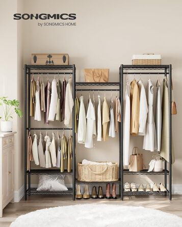 SONGMICS Clothes Rack, Open Wardrobe, Metal Coat Rack, Coat Stand with Adjustable Shelves and Clothes Rails, Hooks, High Load Capacity, Detachable, Cloud White LGR431W01 (Ink Black)