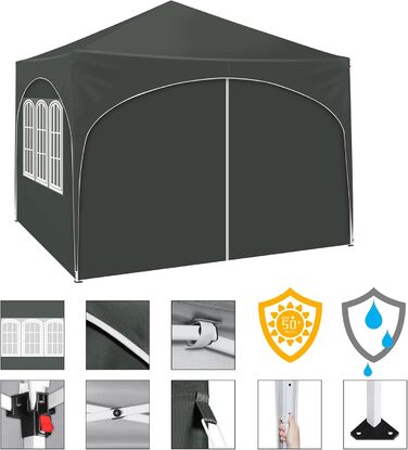 WOLTU Gazebo, Folding Gazebo 3x3 m, with 4 Side Walls, Party Tent Waterproof UV Protection 50+, Adjustable Height Garden Gazebo, with Carry Bag, for Outdoor Garden Camping Grey