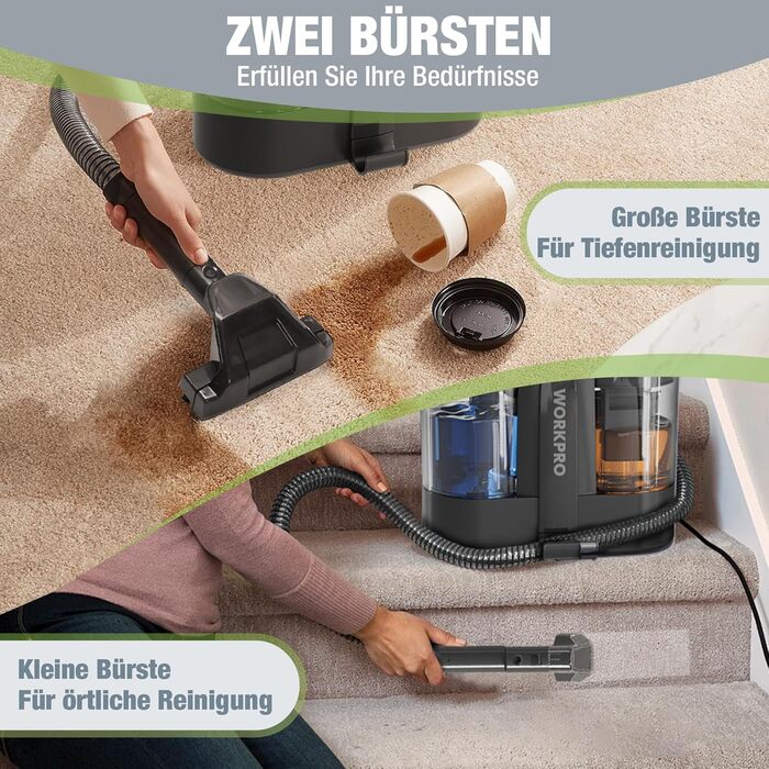 WORKPRO Мийний пилосос 450W 13kPa, 1.6L з миючим засобом та 2 насадками, для чищення килимів, меблів та авто