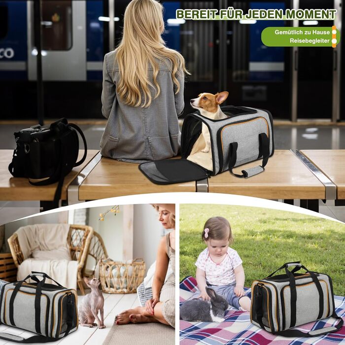 Розширювана переноска для котів та маленьких собак ALLSOPETS, м'яка переноска з 2 розширеннями, знімний флісовий килимок та кишені (сірий & зелений, сірий & помаранчевий)