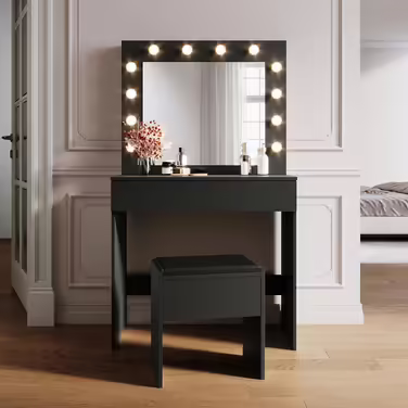 Туалетний столик SONNI з LED-підсвіткою, дзеркалом HD, 3 кольори, 10 рівнів яскравості, з шухлядами, чорний, 80x40x140 см – косметичний стіл для спальні