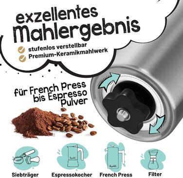 Morning Hero Coffee Grinder Stainless Steel Manual Stepless Ceramic Burr Grinder Mechanical Hand Coffee Grinder Conical Burr Grinder Espresso Hand Coffee Grinder for Outdoor and Camping Manual Espresso Grinder Coffee Grinder