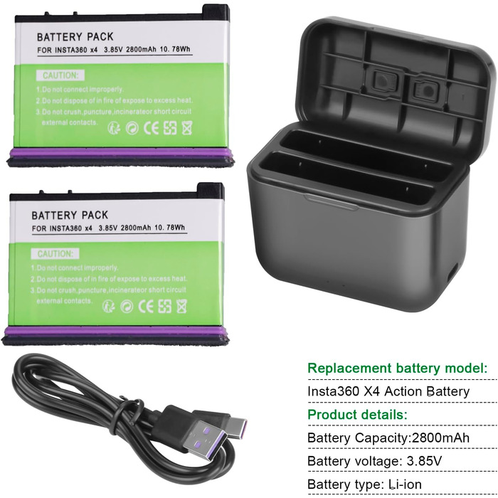2 x 2800mAh акумулятори Insta360 X4 з зарядним пристроєм USB-C, Li-Ion акумулятори для Insta360 X4, з мікро SD картами