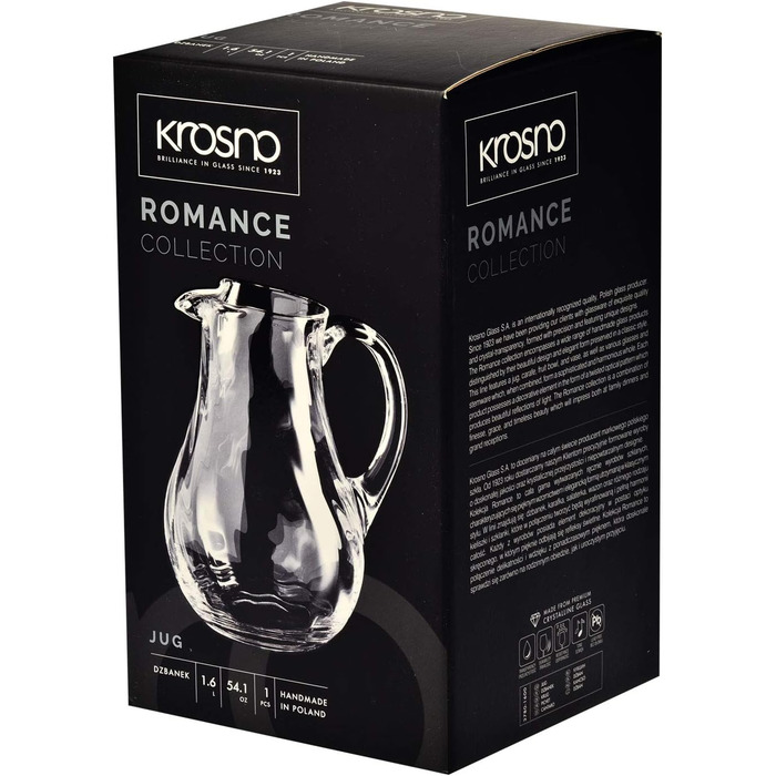 Krosno - Water Pitcher Glass Pitcher 1600 ml Romance Collection - Crystalline Glass Wine Carafe Red Wine Water Carafe Carafe for Drinks Glass Carafe Water and Juices Whisky Ice