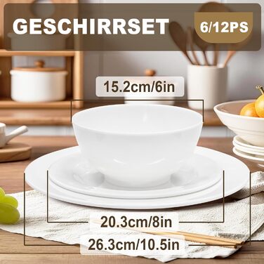 Набір посуду 12 шт. – 36 предметів, міцний, легкий, з мисками для каші 26 oz, десертними та обідніми тарілками 10,5 дюймів, придатний для миття в посудомийній машині, багаторазовий, подарунок для дому, для щоденного використання, посуд білий